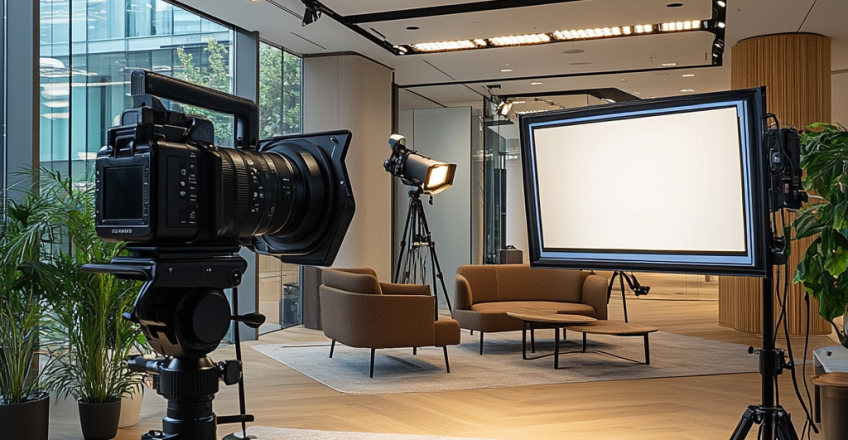 A corporate video shoot in progress, with a camera on a tripod, softbox lighting